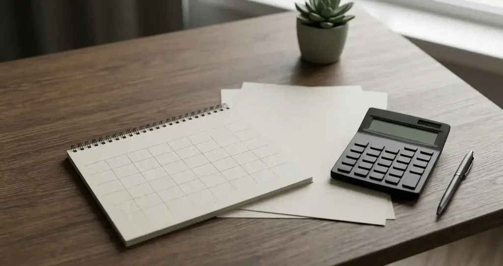 Papierkalender, neutrale Rechenblätter und Taschenrechner auf einem Schreibtisch