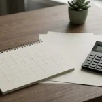 Papierkalender, neutrale Rechenblätter und Taschenrechner auf einem Schreibtisch