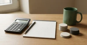 Papier mit Rechenzeilen und Taschenrechner auf einem zurückhaltend beleuchteten Schreibtisch