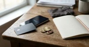 Bankkarte und Smartphone neben neutralen Münzsymbolen auf einer Tischfläche