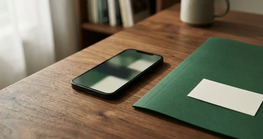 Smartphone mit unlesbarer Oberfläche neben neutraler Dokumentenmappe und geschlossener Karte