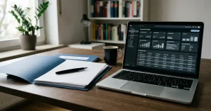 Geöffnete Dokumentenmappe neben einem Laptop mit abstrakter Registeransicht